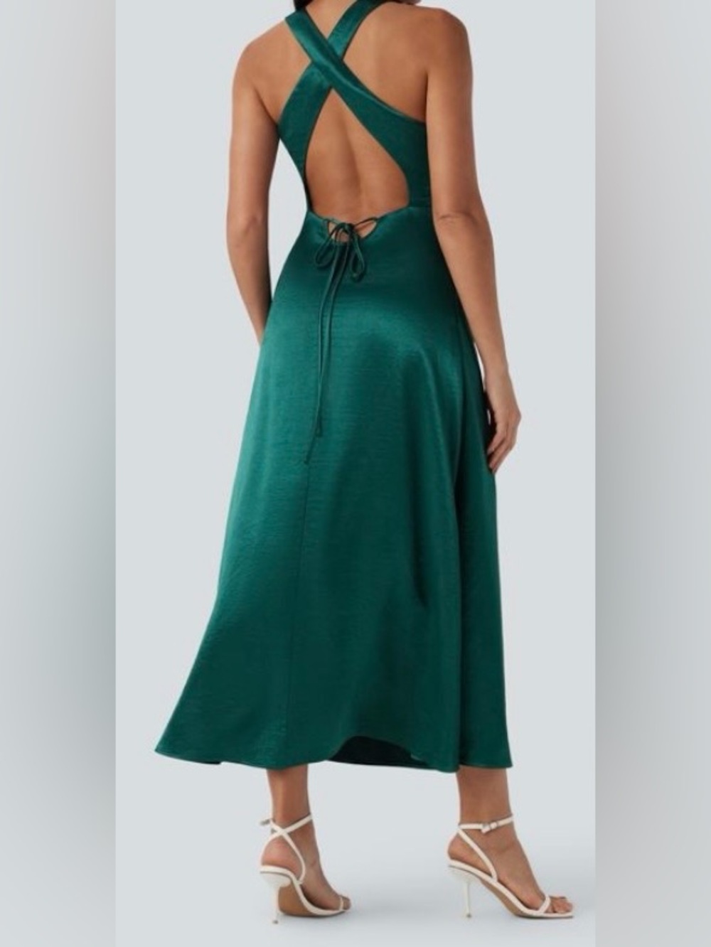 LARGE.  HALARA RUCHED SATIN CROSS BACK TIE MAXI DRESS